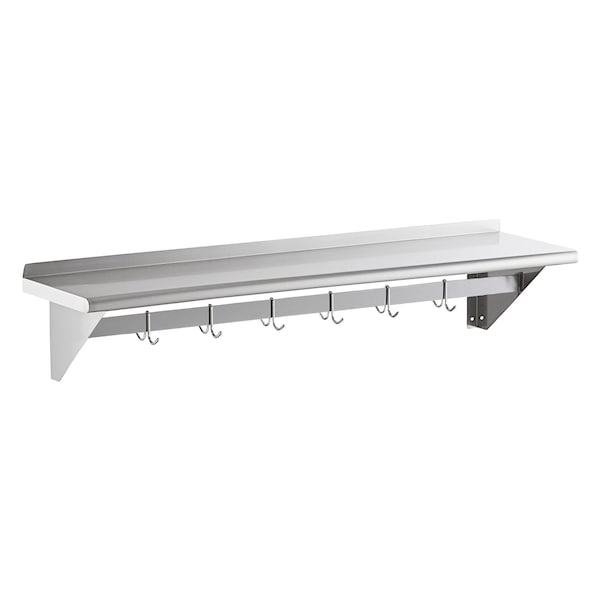 Amgood 12 in. x 60 in. Stainless Steel Wall Mounted Pot Rack with Shelf and 6 Double Sided Chrome Plated Hooks AMG WS-PS-1260 - main
